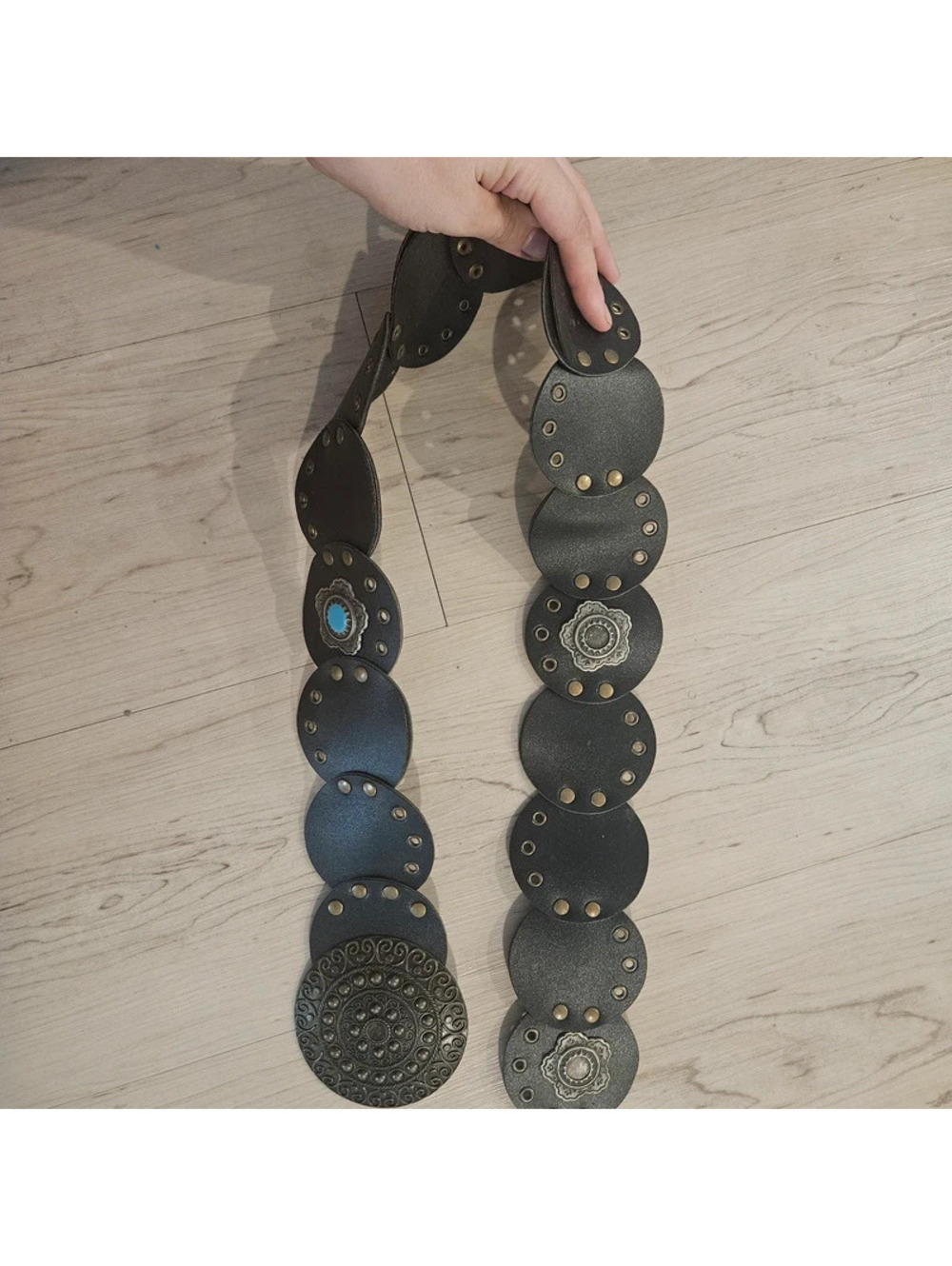 Black Western Concho Disc Belt Bronze Turquoise Boho Cowgirl Waist Belt